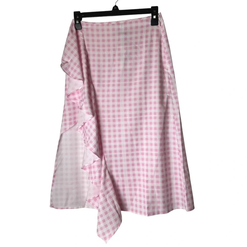 Sökie Collective Skirt Women Small Pink White Gingham‎ Ruffle Midi NWT Preppy